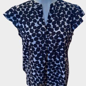 Calvin Klein Navy White Polka Dot Blouse XS Cap Sleeve Split Neck Top